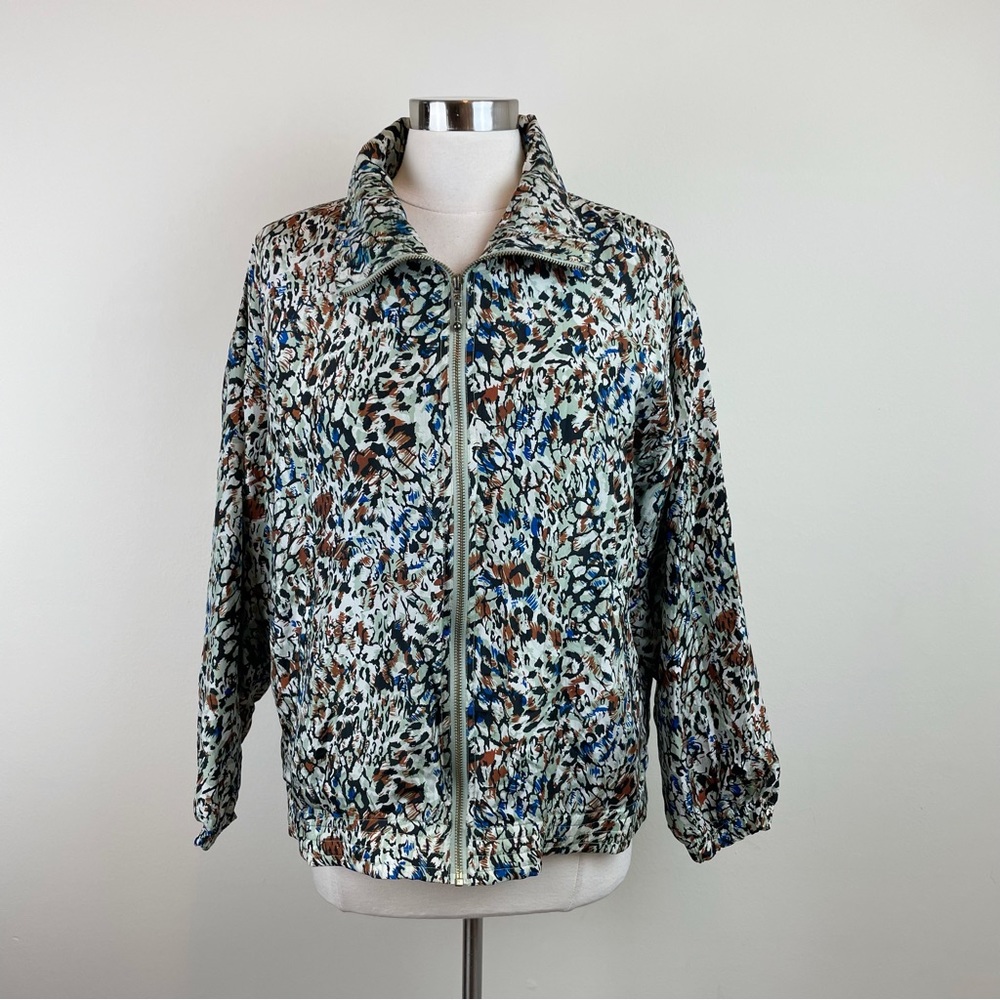 Vintage EVR Div Rousso 100% Silk Green Black Full Zip Jacket Geometric Medium